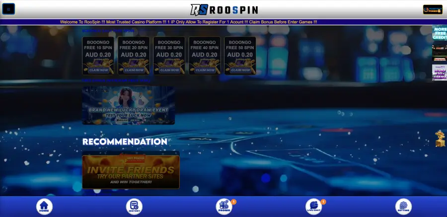 Roospin casino promotions page with Booongo daily free spins and lucky draw in AUD Roospin casino promotions page with Booongo daily free spins and lucky draw in AUD