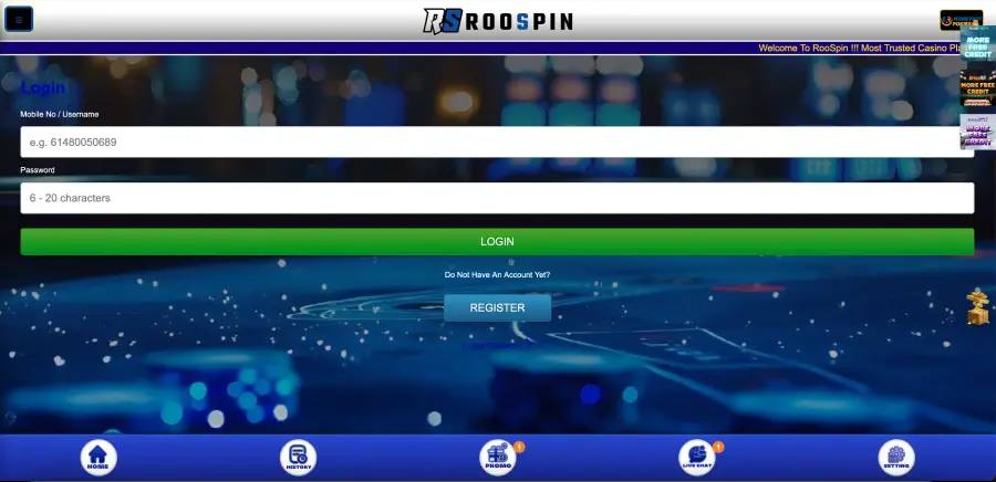 Roospin casino login screen with mobile number and password form for Australian players