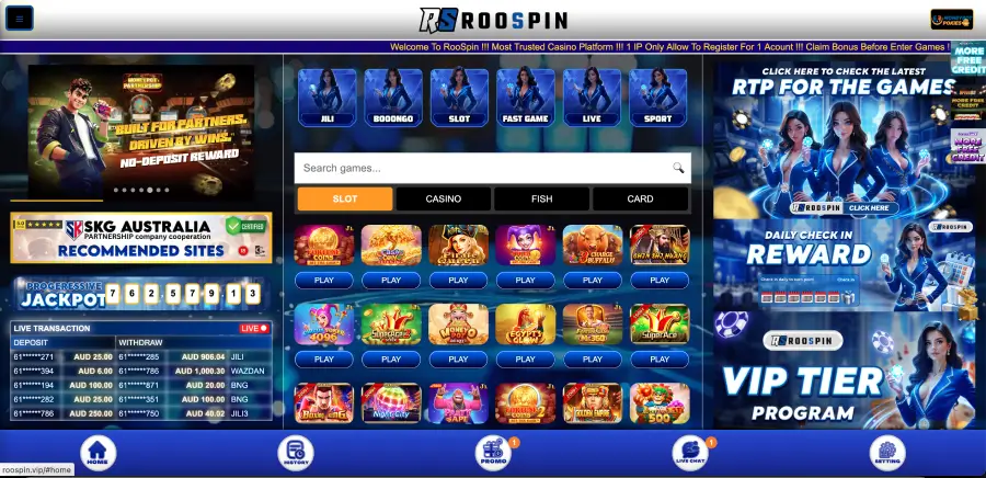 Roospin casino homepage with pokies lobby and live transaction panel in AUD Roospin casino homepage with pokies lobby and live transaction panel in AUD